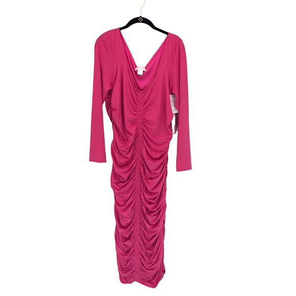NEW Rachel Parcell Ruched Midi Dress Bodycon Long Sleeve Pink Barbiecore Sz XXL - Picture 2 of 8
